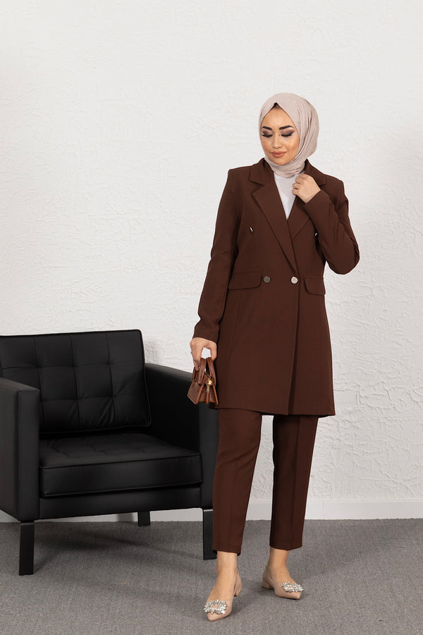 Blazer Ceketli İkili Kahve Takım 0393-KAHVE
