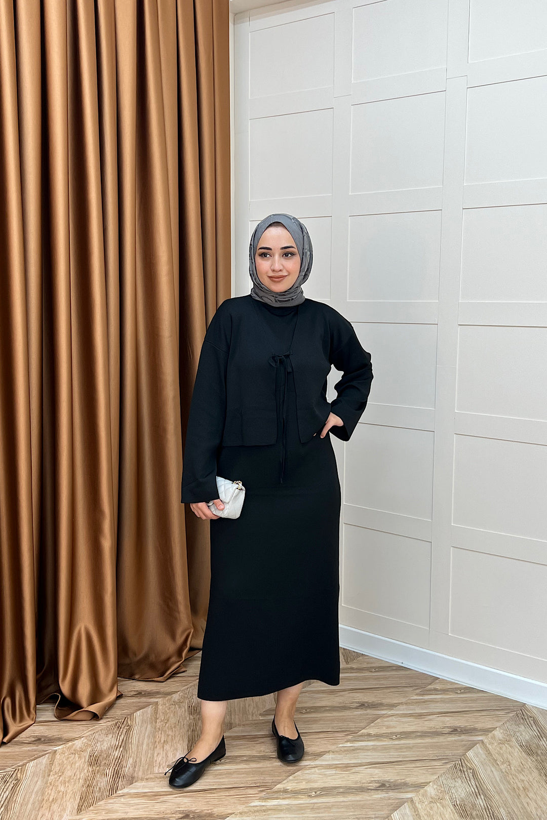 Ester Croplu İkili Triko Elbise Siyah 25160-SIYAH