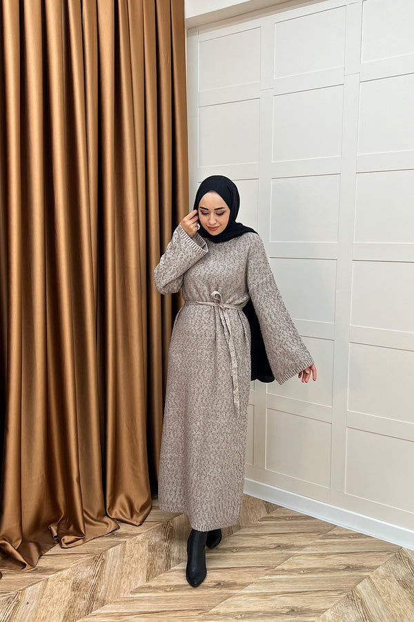 Yumoş Sim Karışımlı Salaş Triko Elbise Vizon 252500-VIZON