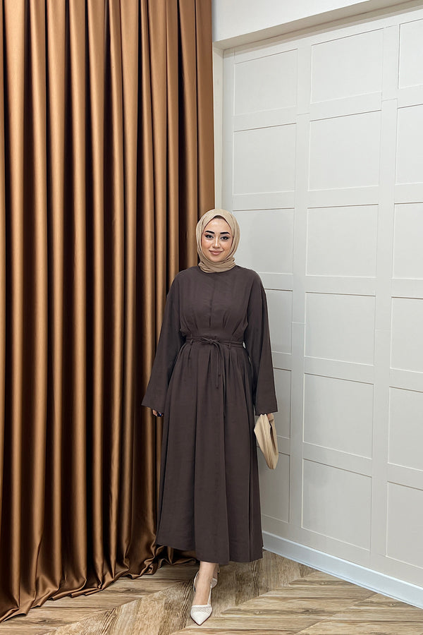Alya Belden Bağlamalı Elbise Kahverengi 39020-KAHVERENGI