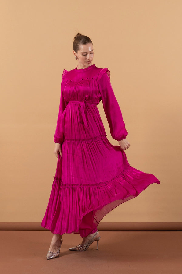 Robalı İpek Elbise Pembe 3006-PEMBE