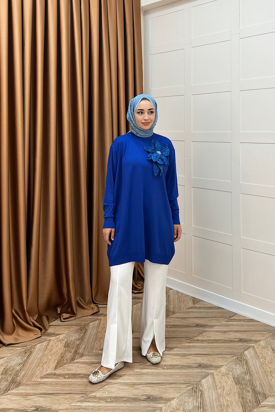 Merserize Çiçekli Triko Tunik Saks 2550-SAKS