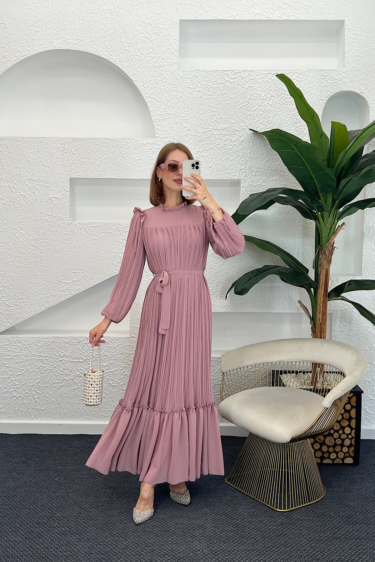 Bella Piliseli Şifon Elbise Pudra 04670-PUDRA