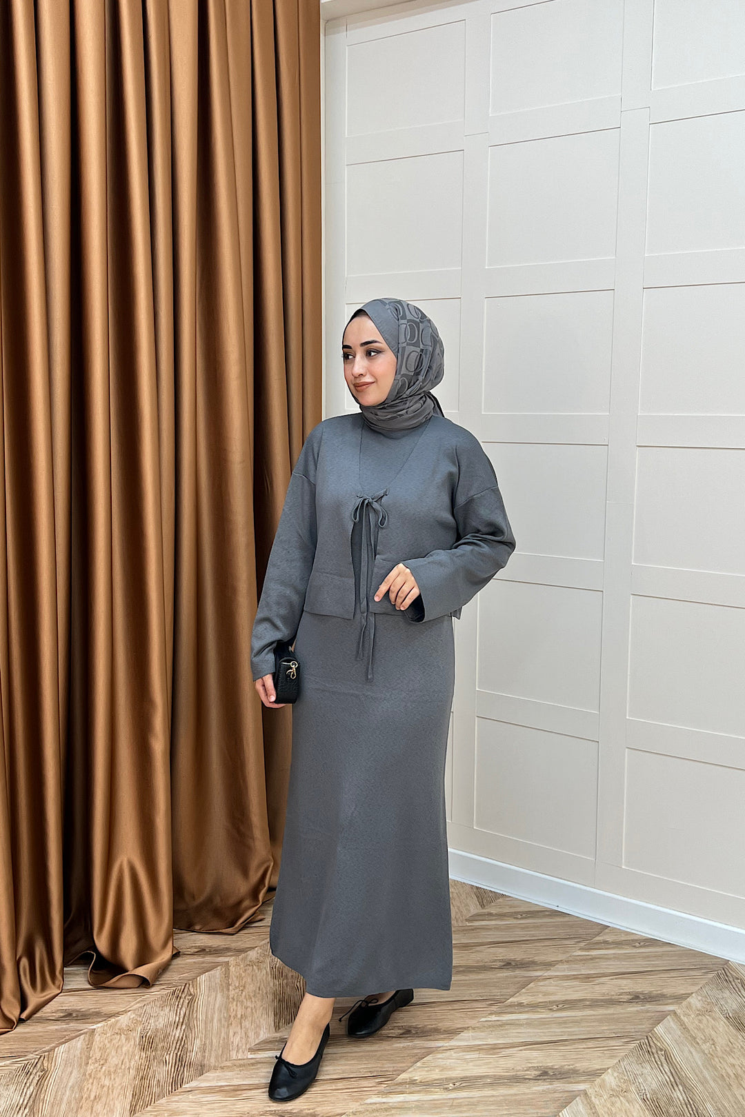 Ester Croplu İkili Triko Elbise Gri 25160-GRİ