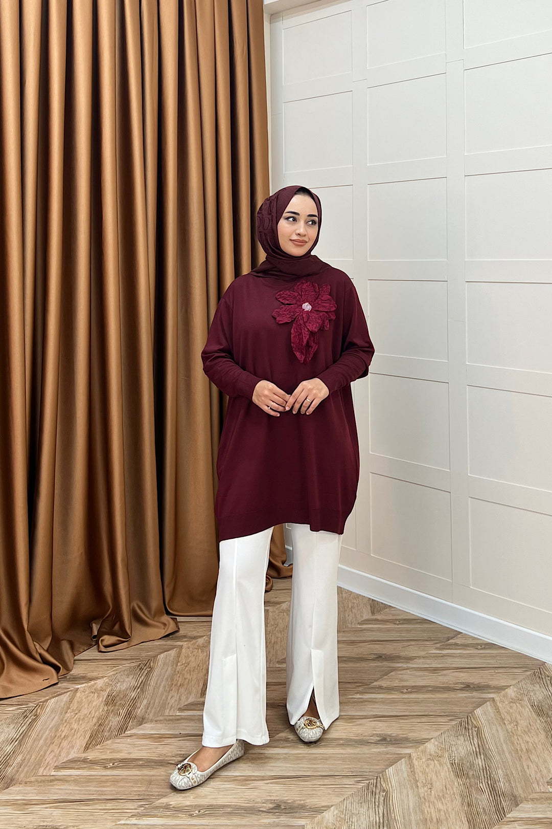 Merserize Çiçekli Triko Tunik Bordo 2550-BORDO