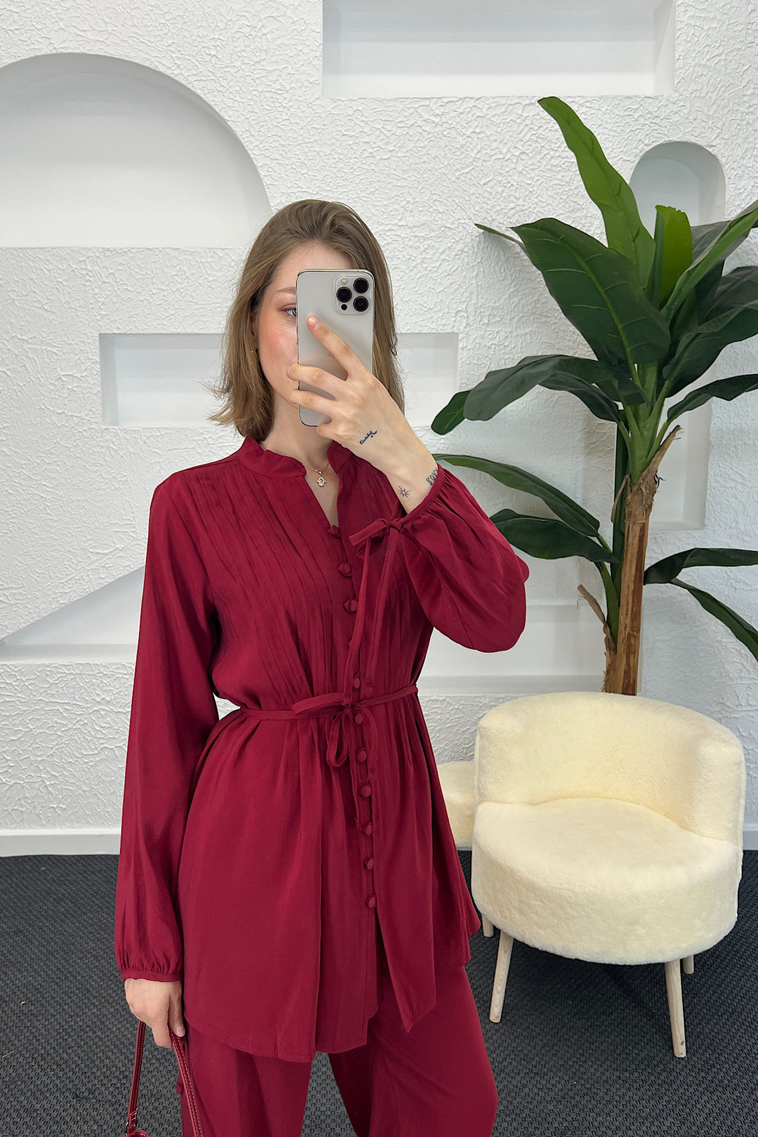 Kolları Bağcık Detay Önden Düğmeli Takım Bordo 1944-BORDO