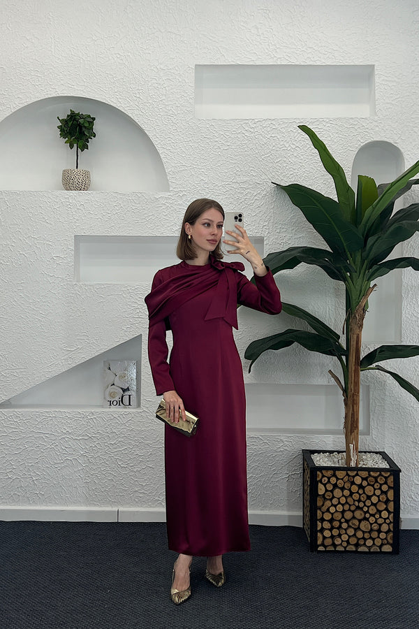 Degaje Detay Saten Abiye Bordo 3026-BORDO