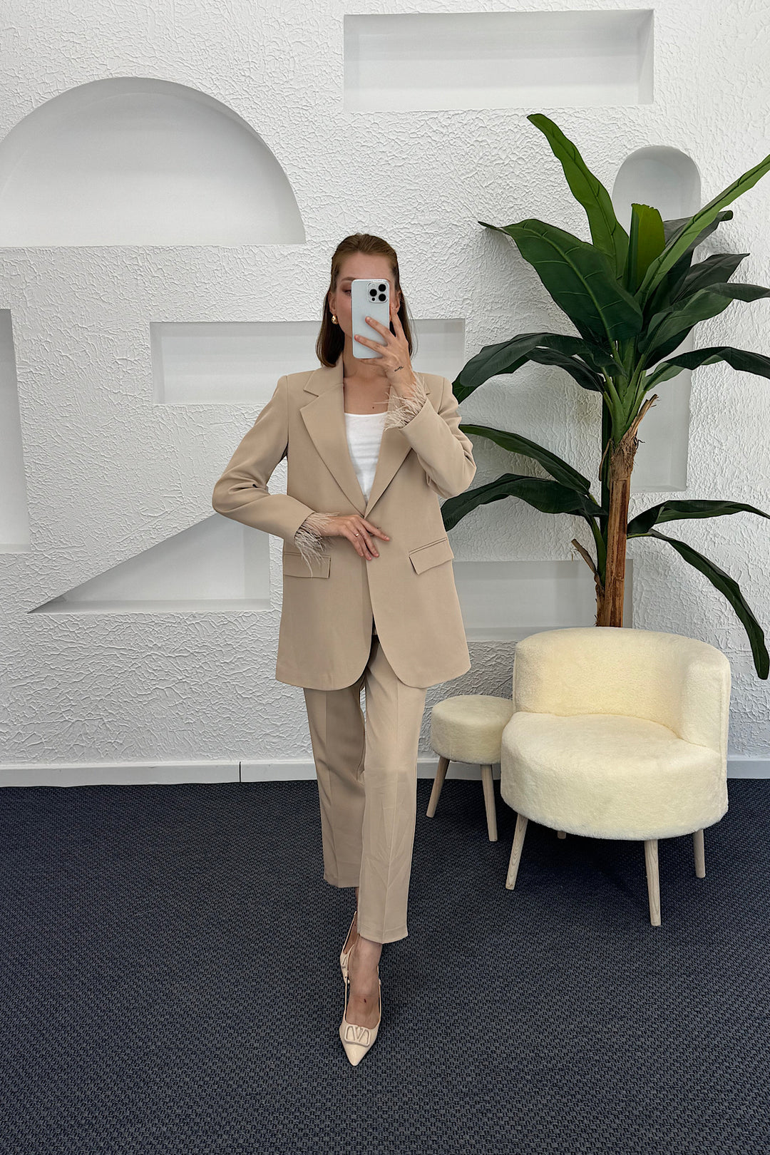 Bilek Tüy Detay Blazer Ceketli Takım Taş 6161-TAS