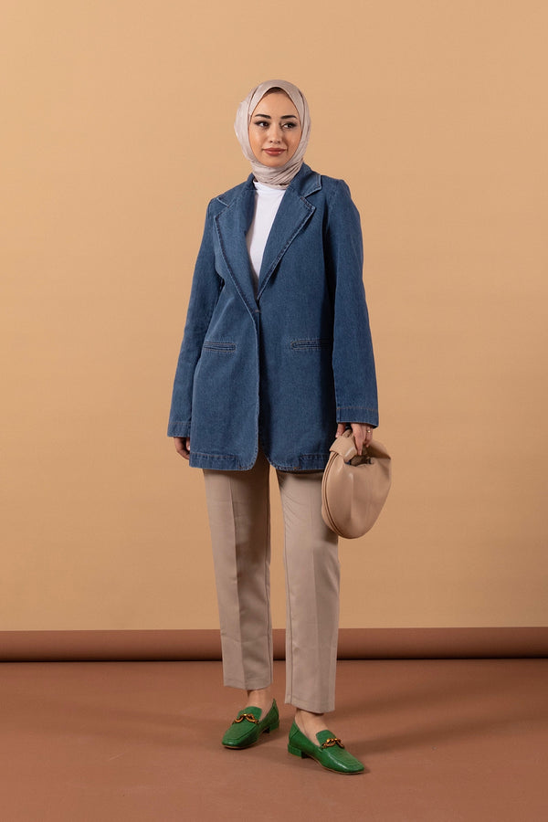 Tek Düğme Kot Ceket Mavi 6189-MAVI
