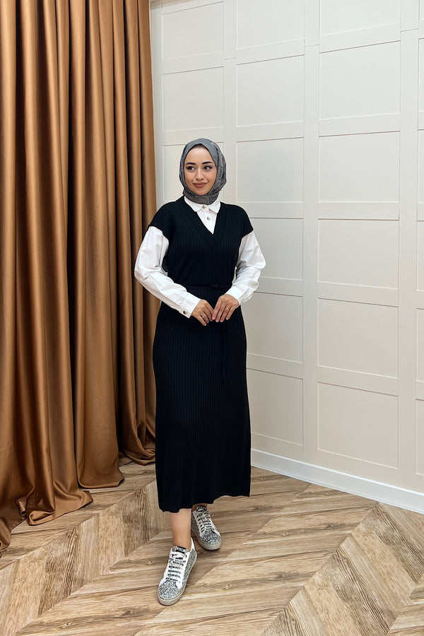 Kol Yaka Gömlekli Triko Elbise Siyah 25120-SIYAH