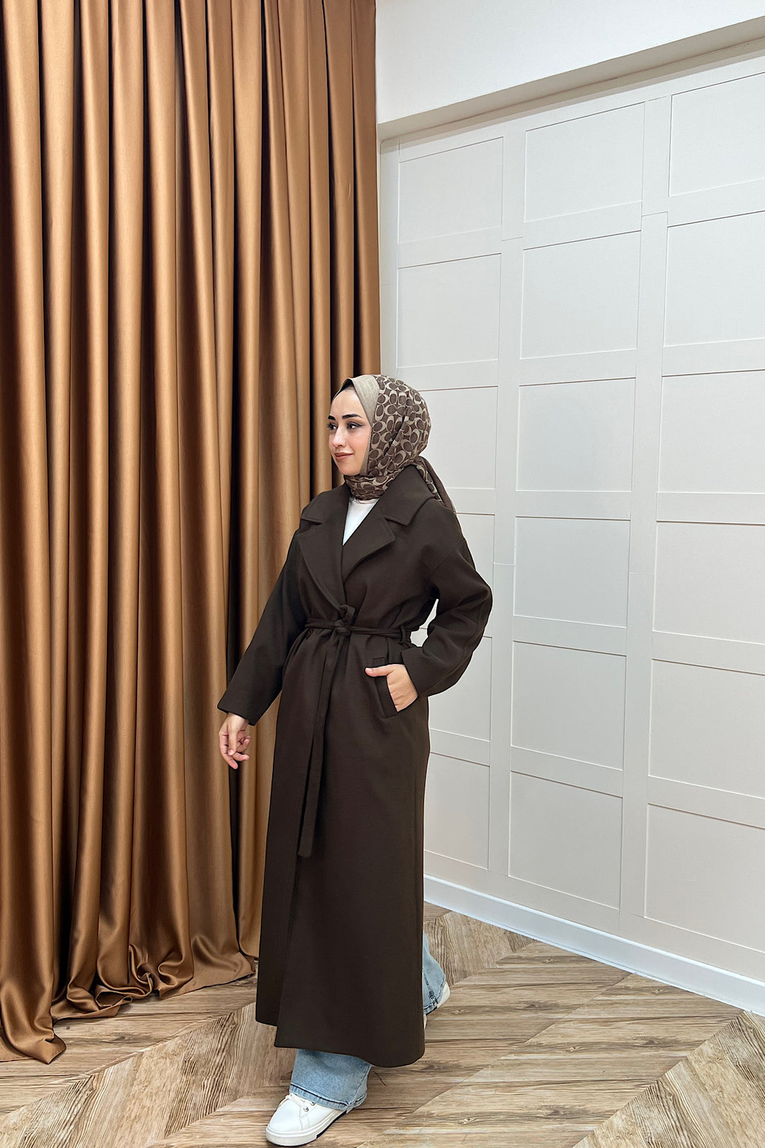 Retro Premium Kumaş Uzun Kaşe Kaban Kahverengi 5509-KAHVERENGI