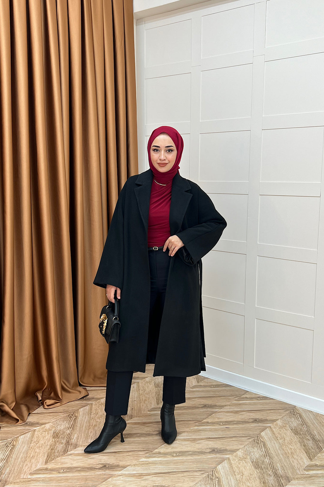 Yıldız Premium Kumaş Kuşaklı Kaban Siyah 5515-SIYAH