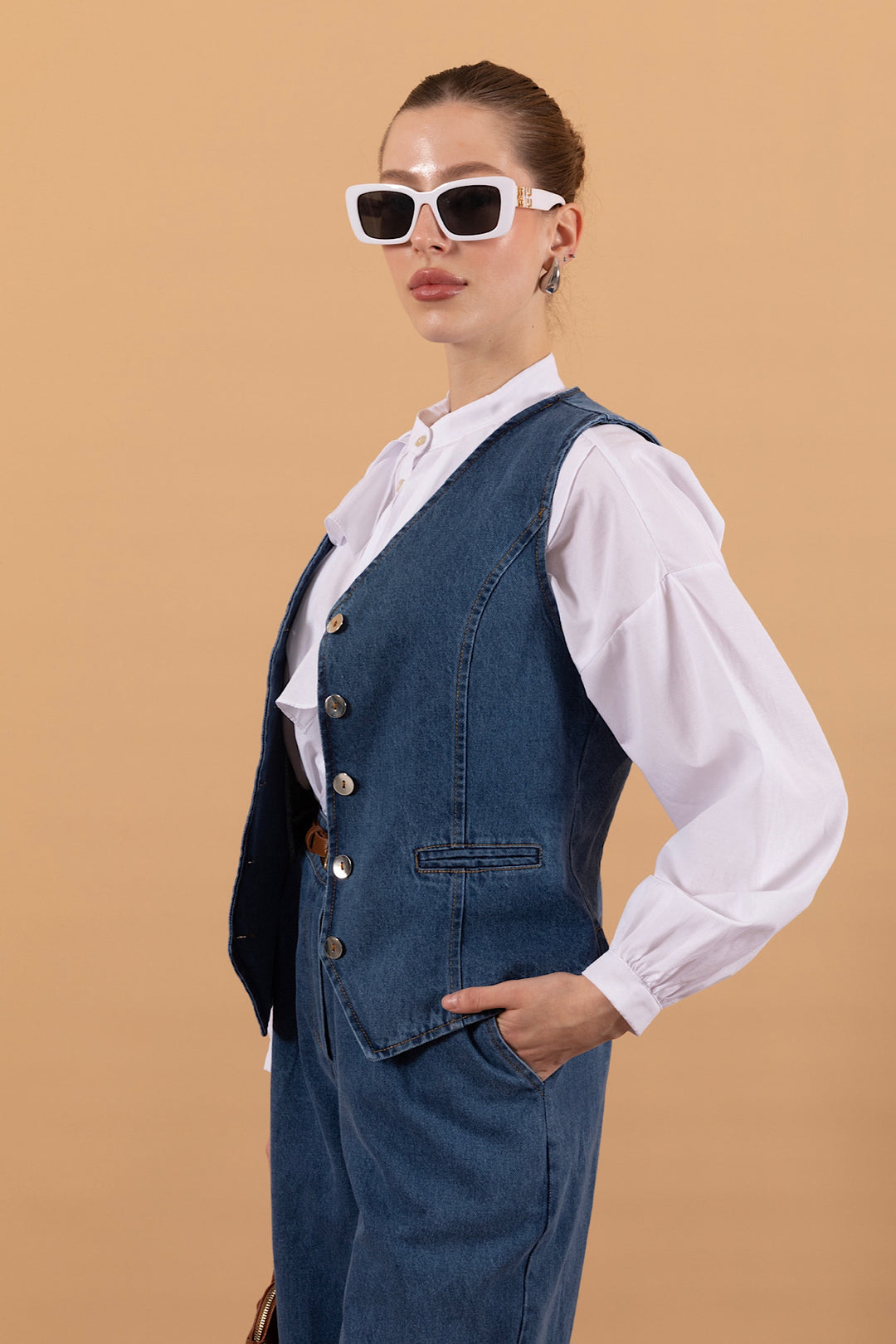 İkili Denim Yelek Takım Mavi 6190-MAVI