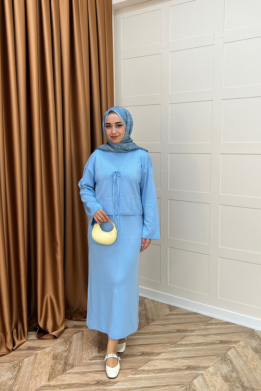 Ester Croplu İkili Triko Elbise Mavi 25160-MAVI