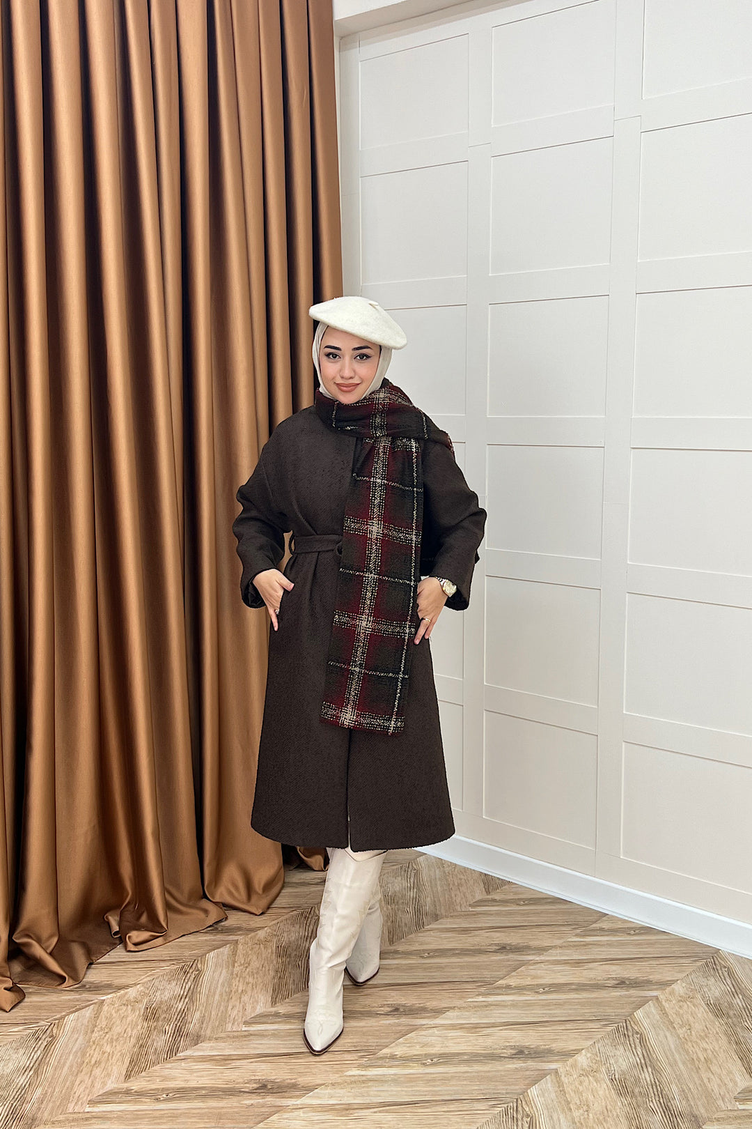 Duru Premium Kumaş Atkı Detay Kaban Kahverengi 5517-KAHVERENGI