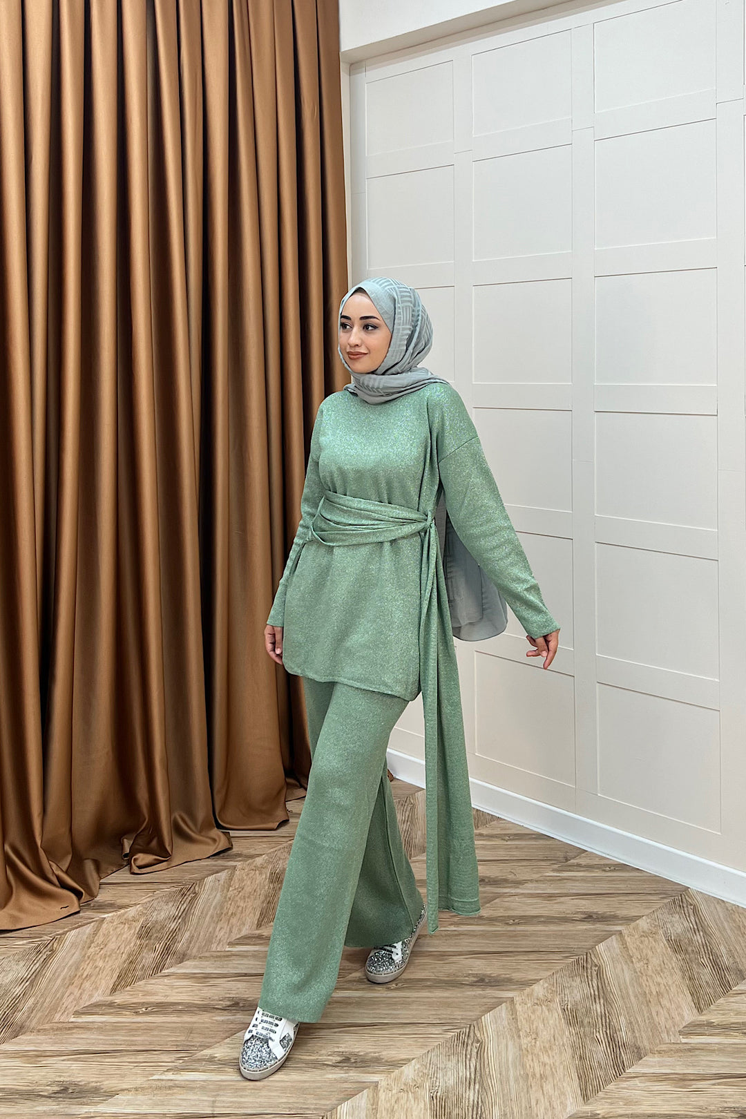 Yakamoz Şal Detay Simli Triko Takım Mint 25280-MINT