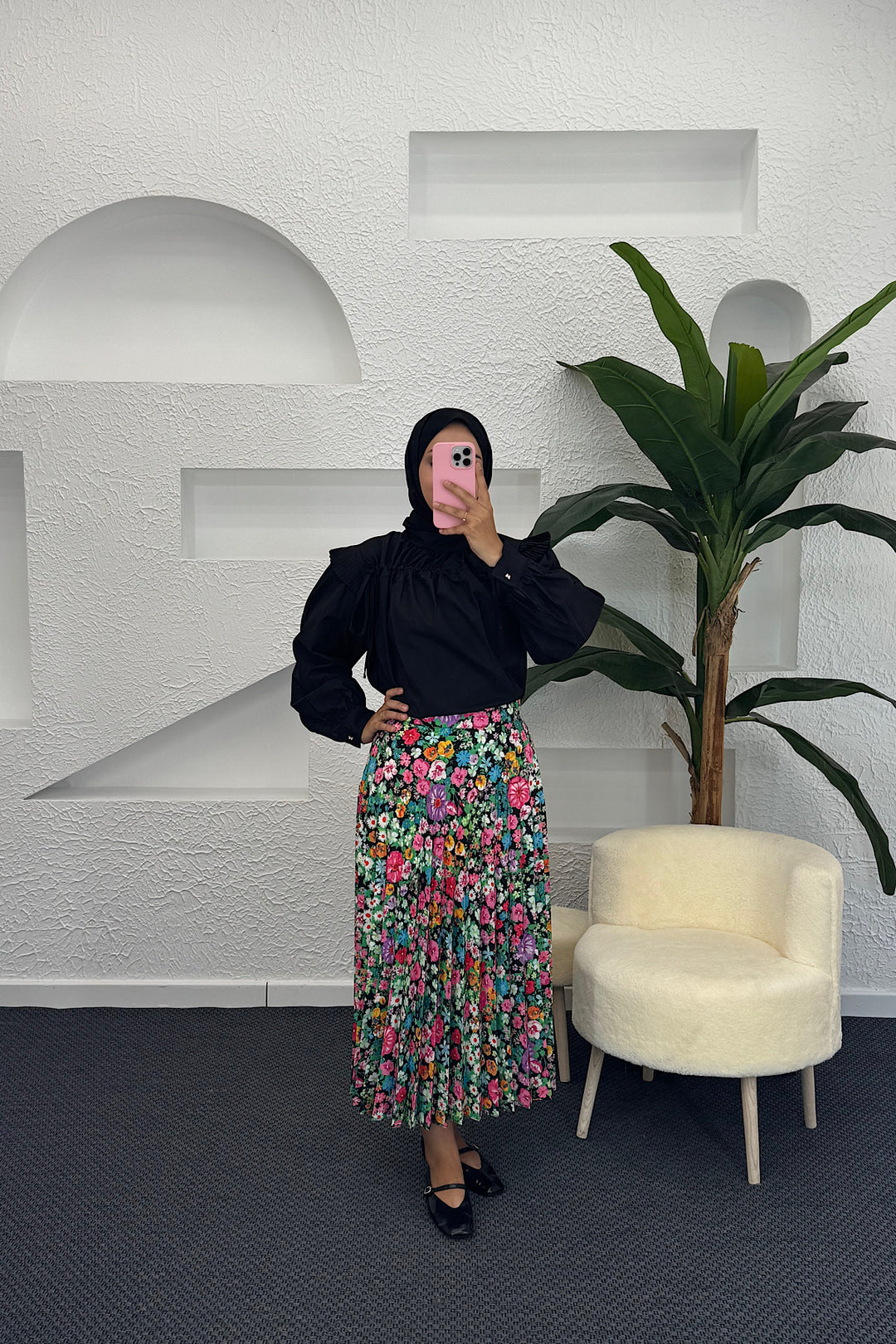 Çiçek Desenli Crep Etek 1191