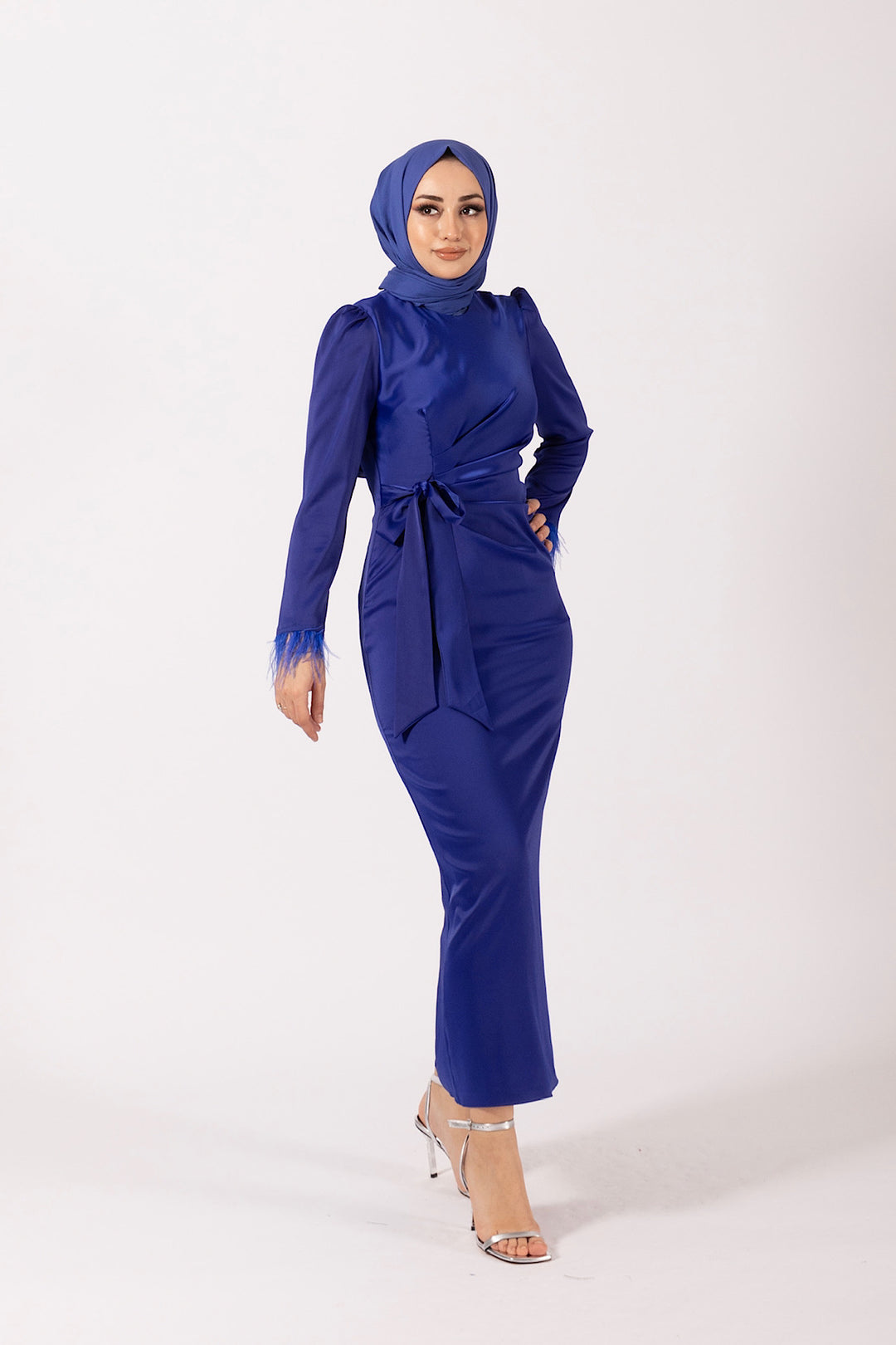 Kol Saçaklı Saten Abiye Saks 4897-SAKS