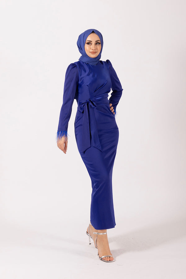 Kol Saçaklı Saten Abiye Saks 4897-SAKS