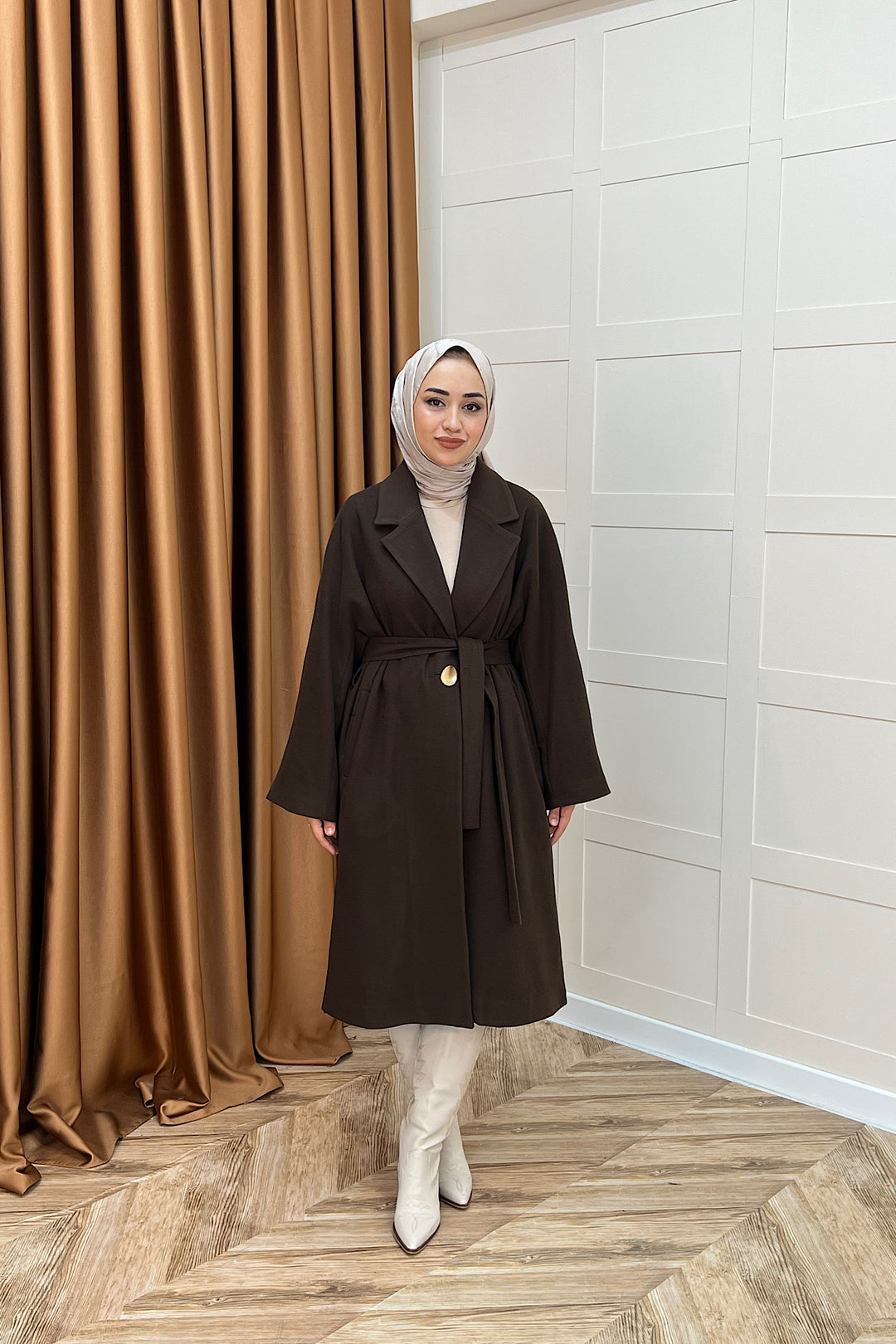 Yıldız Premium Kumaş Kuşaklı Kaban Kahverengi 5515-KAHVERENGI