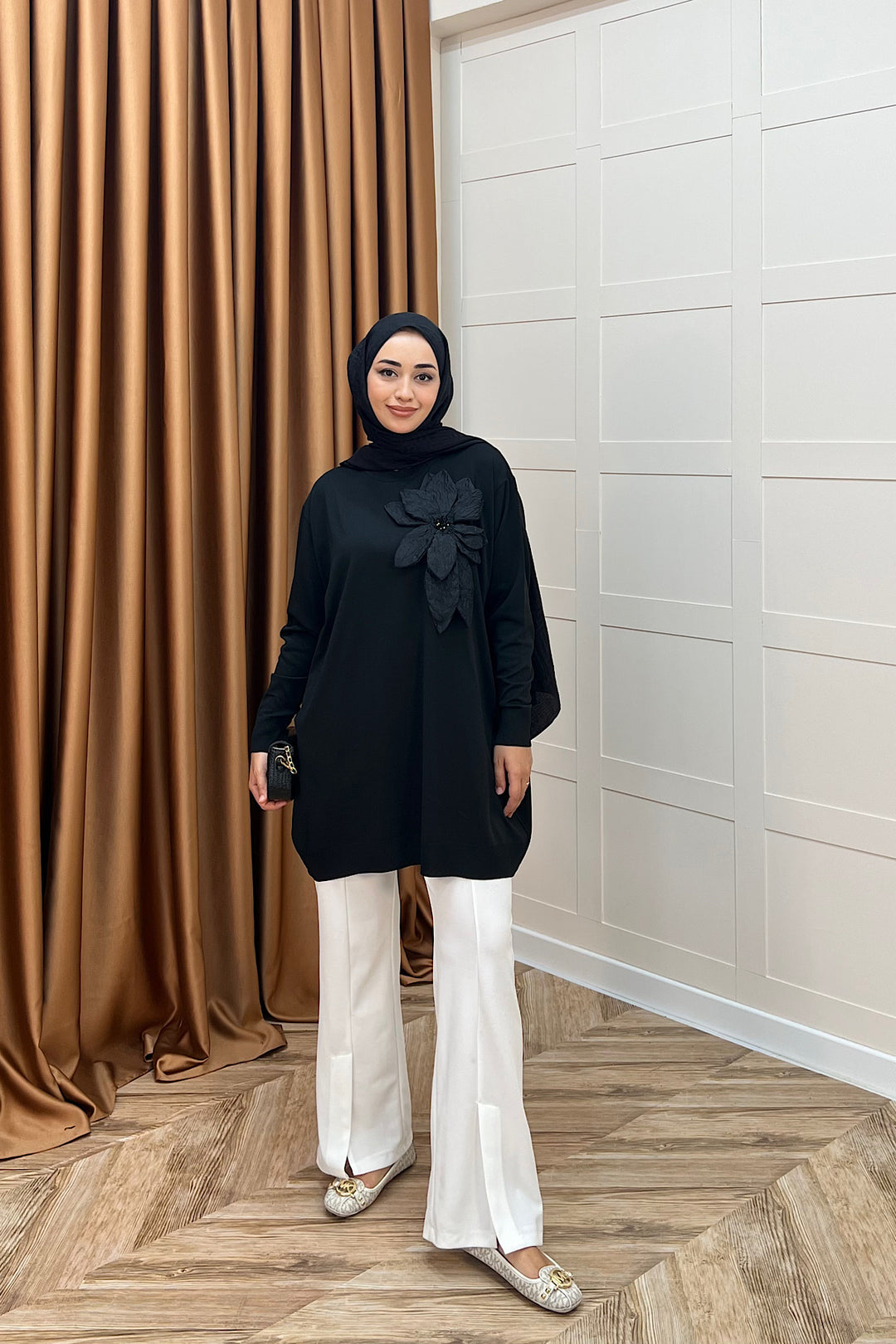 Merserize Çiçekli Triko Tunik Siyah 2550-SIYAH