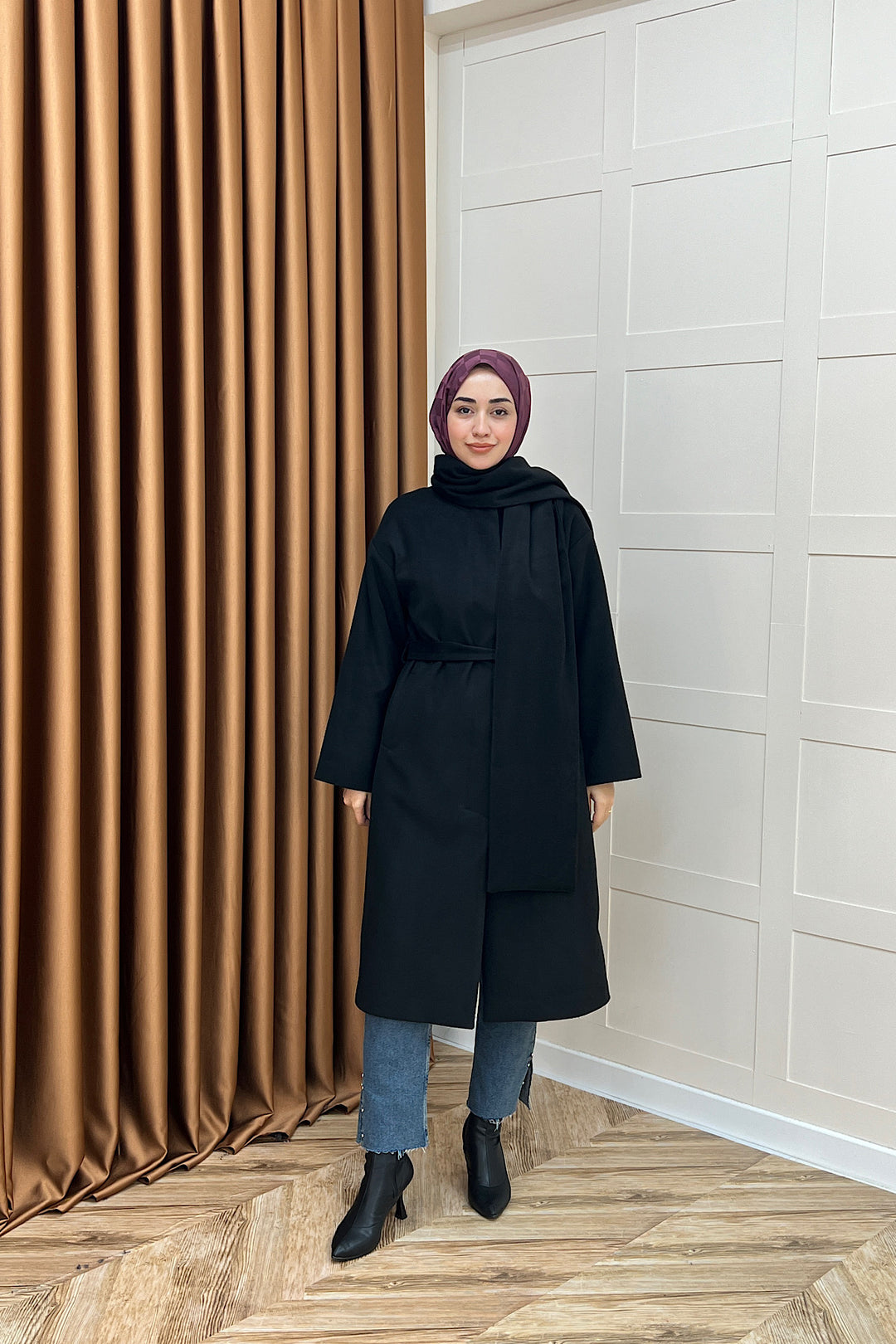 Siena Atkı Detay Kaşe Kaban Siyah 5530-SIYAH