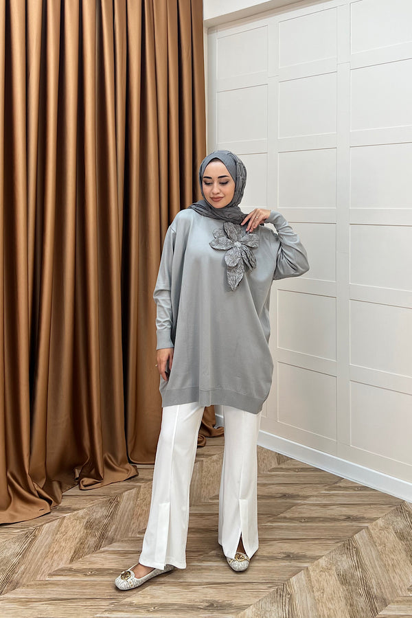 Merserize Çiçekli Triko Tunik Gri 2550-GRI