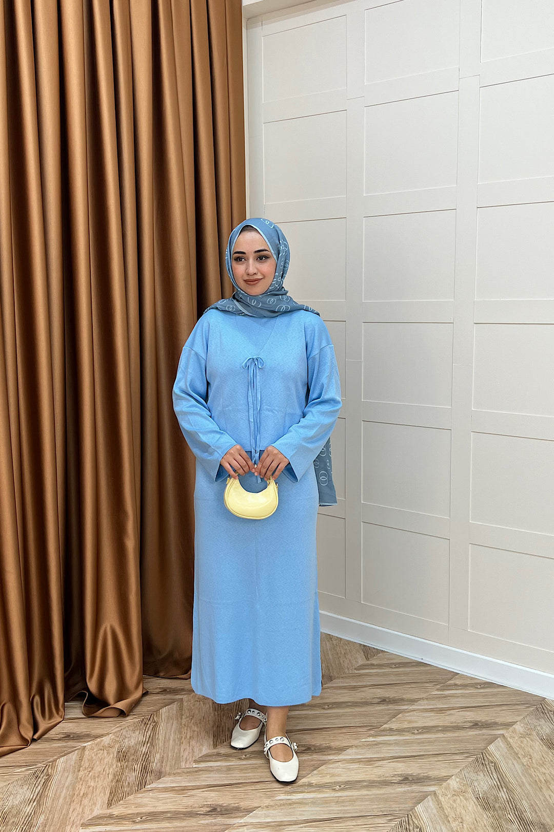 Ester Croplu İkili Triko Elbise Mavi 25160-MAVI