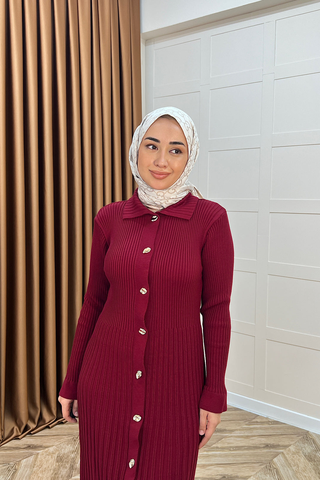 Endam Düğmeli Triko Elbise Bordo 10201-BORDO