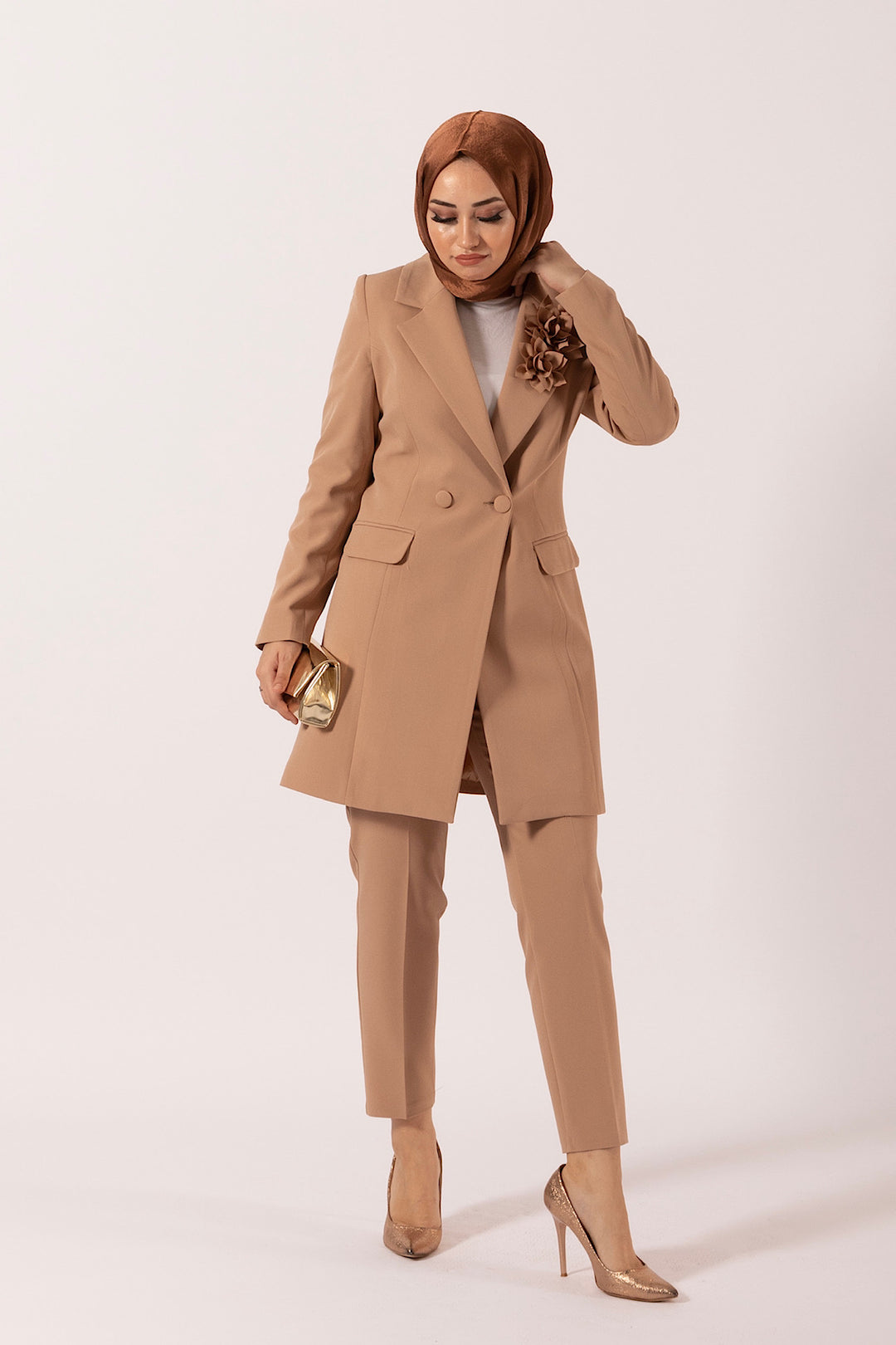 Çiçek Broşlu Ceket Takım Camel 6150-CAMEL