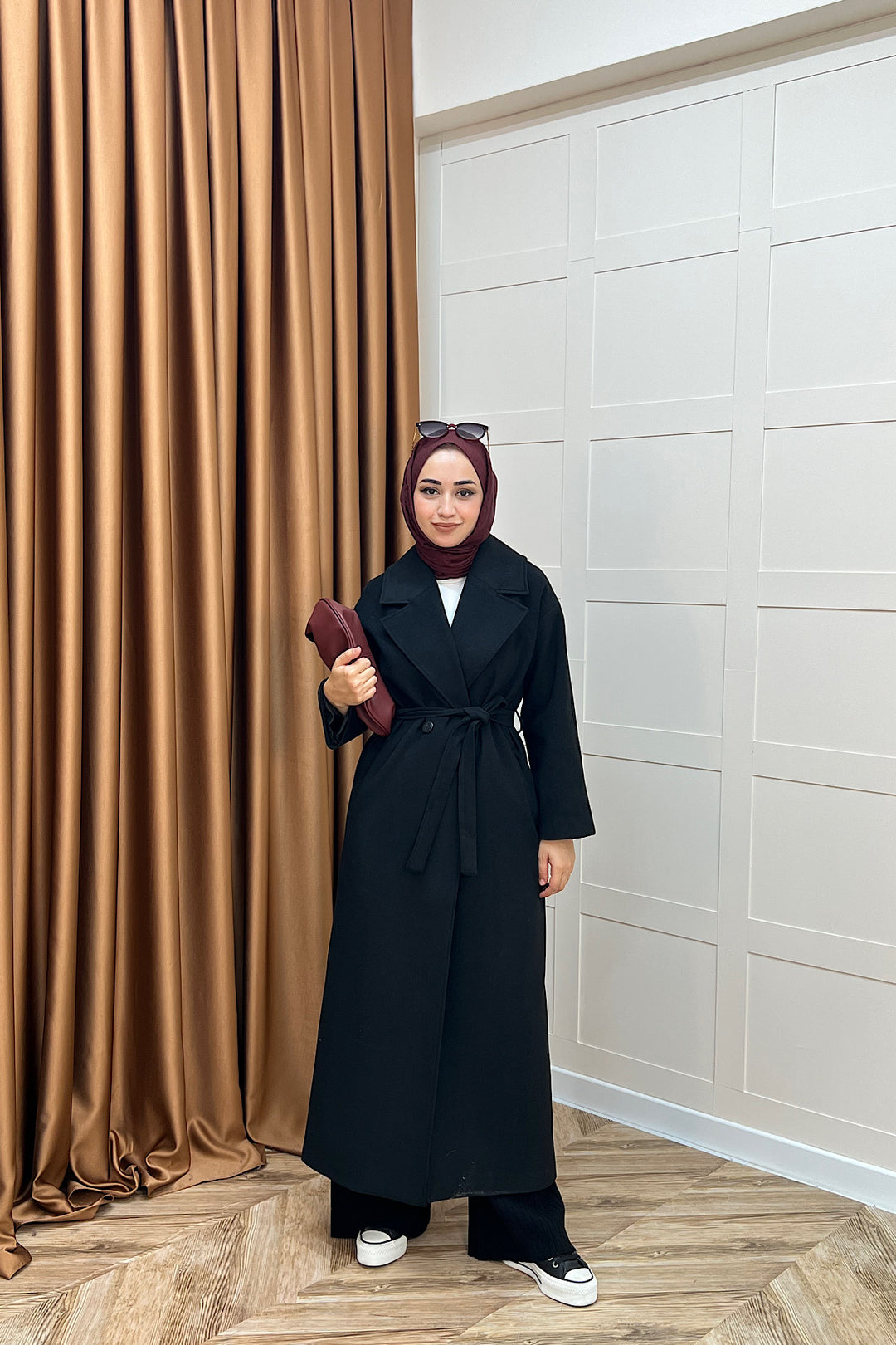 Retro Premium Kumaş Uzun Kaşe Kaban Siyah 5509-SIYAH