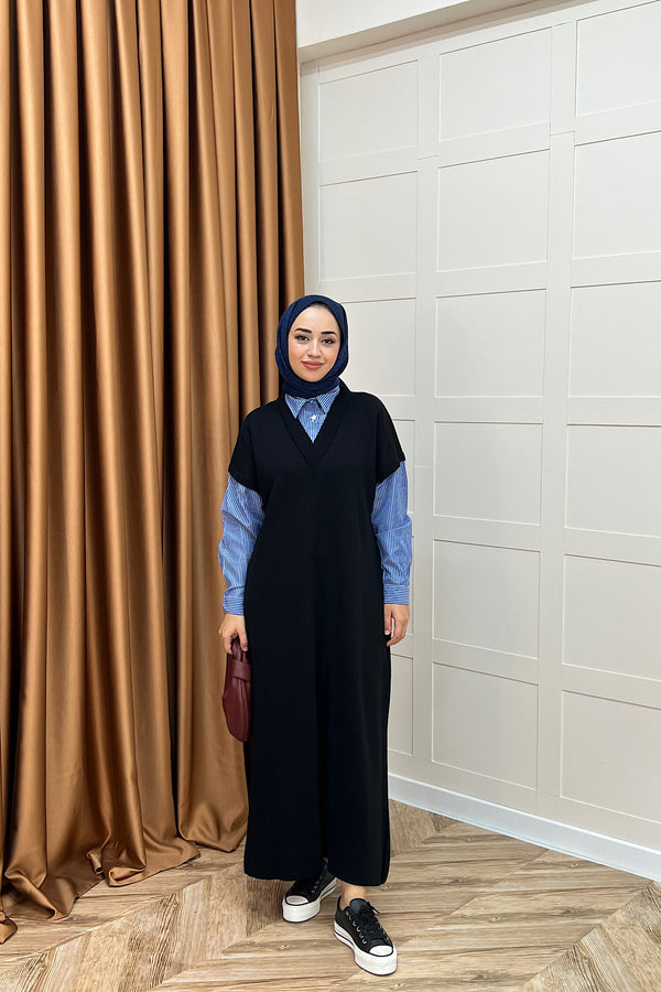 Samira Gömlek Detaylı Triko Elbise Siyah 241110-SIYAH