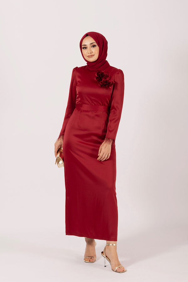 Broş Detay Saten Abiye Bordo 4892-BORDO