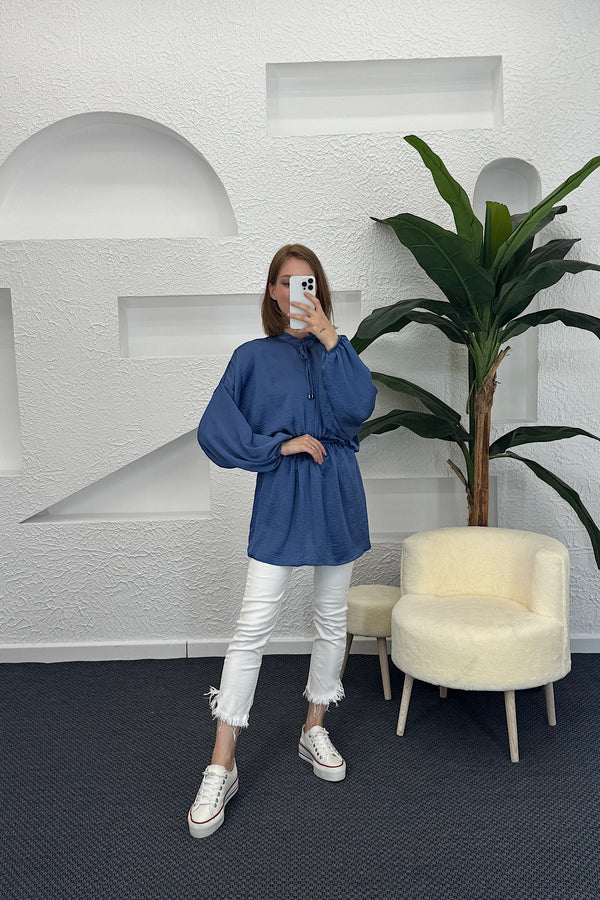 Belden Lastikli Yarasa Kol Tunik Mavi 2505-MAVI