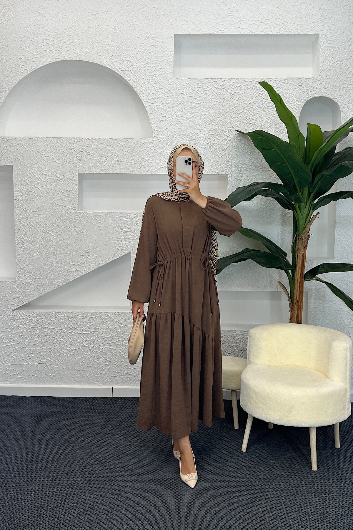 Beli Lastikli Linda Elbise Kahverengi 3852-KAHVERENGI
