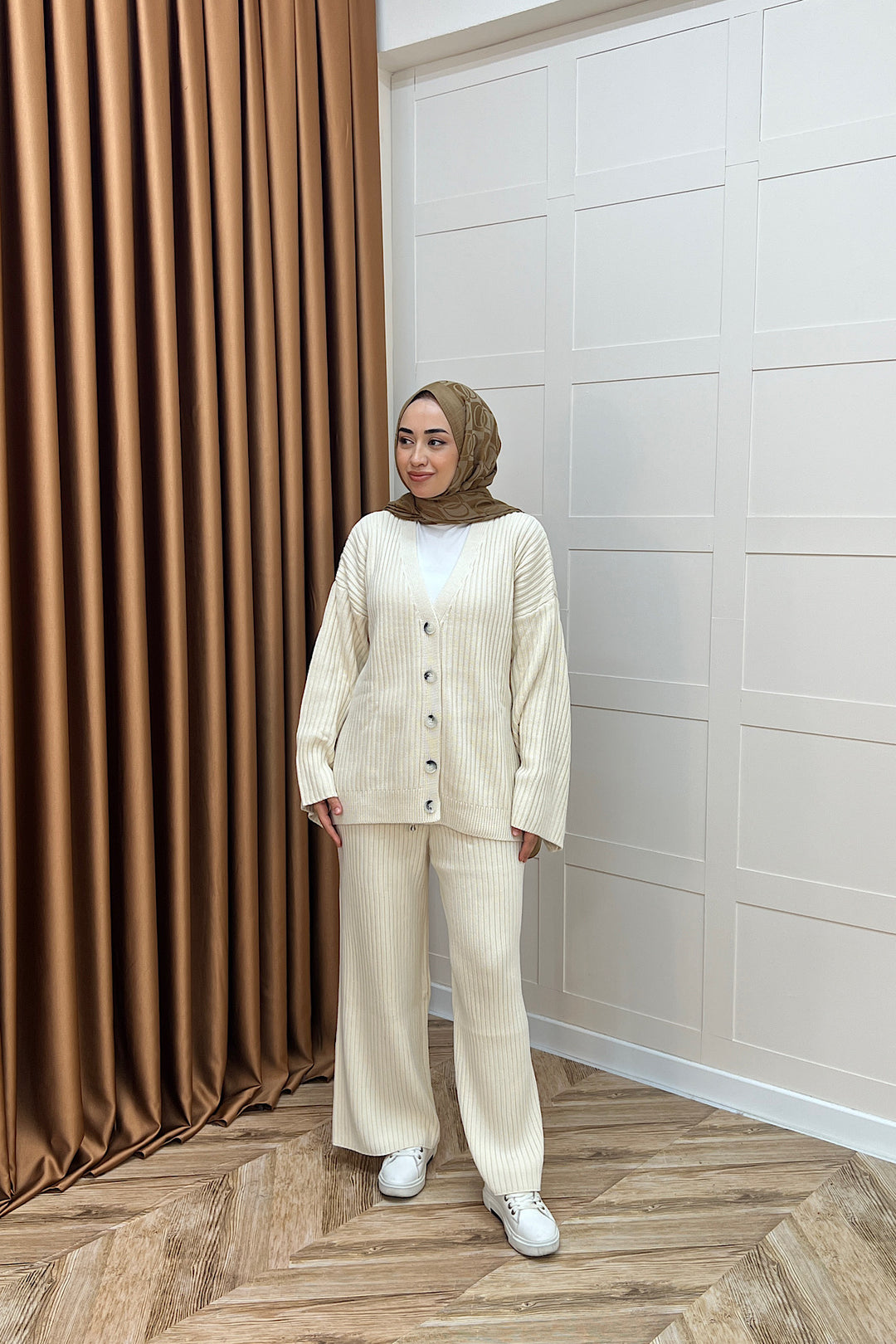 Galata Fitilli Triko Hırka Takım Krem 25630-KREM