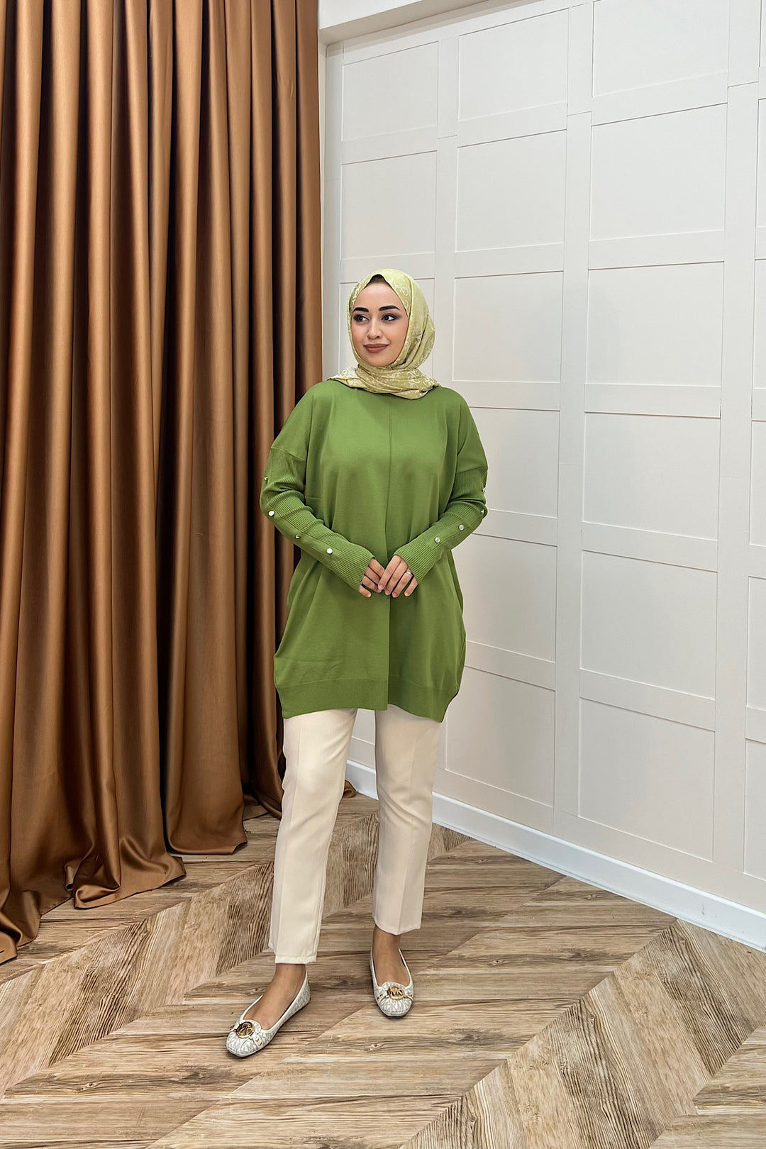 Kol Düğmeli Triko Tunik Yağ Yeşili 24280-YAGYESILI