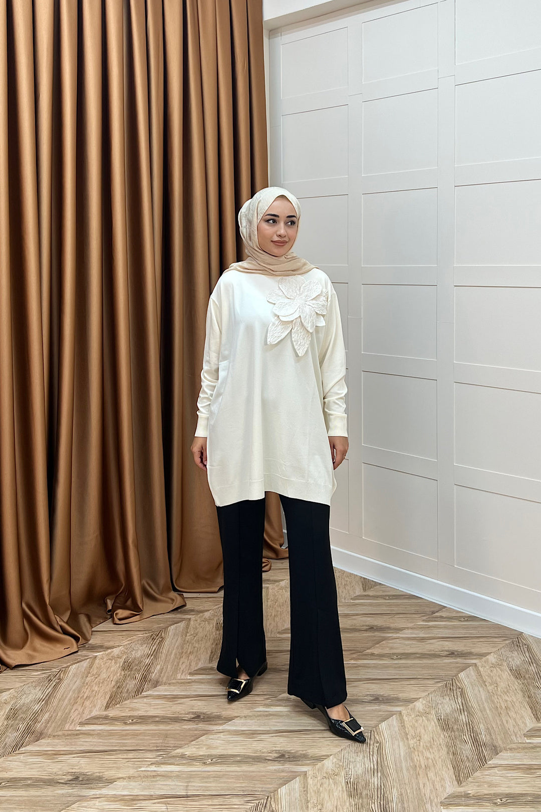 Merserize Çiçekli Triko Tunik Krem 2550-KREM