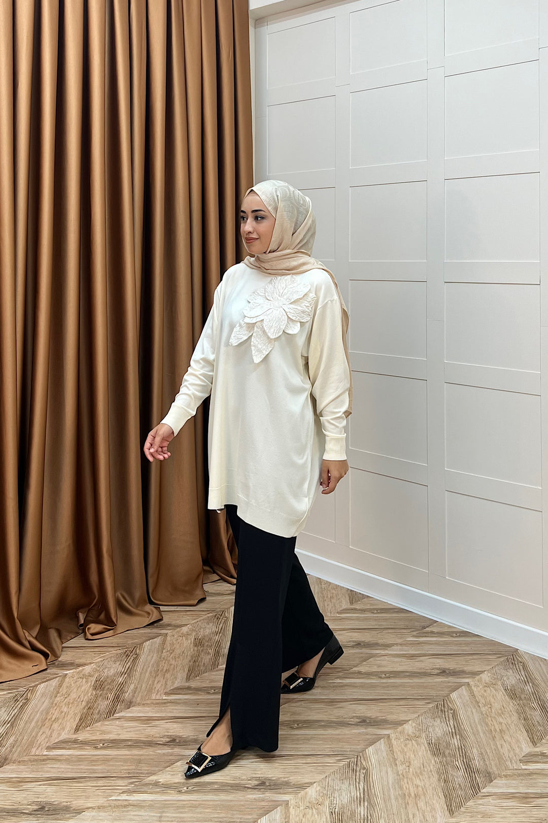 Merserize Çiçekli Triko Tunik Krem 2550-KREM