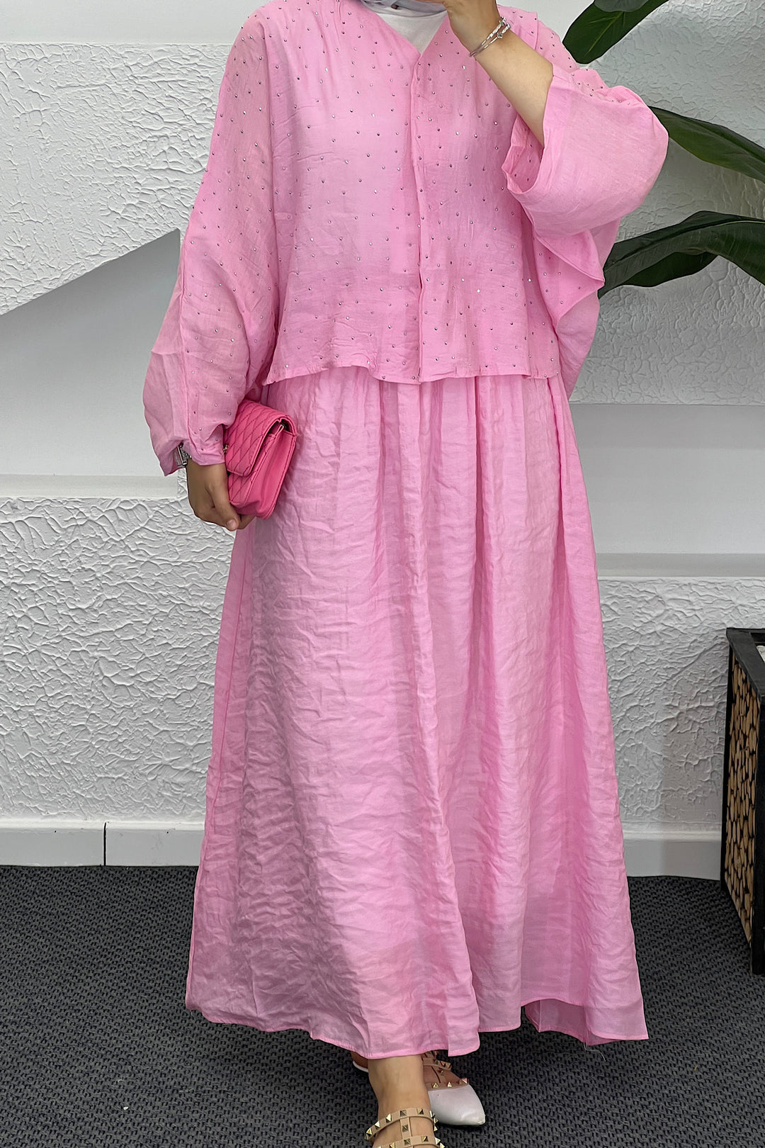 Taş Detay Etekli Takım Pembe 8830-PEMBE