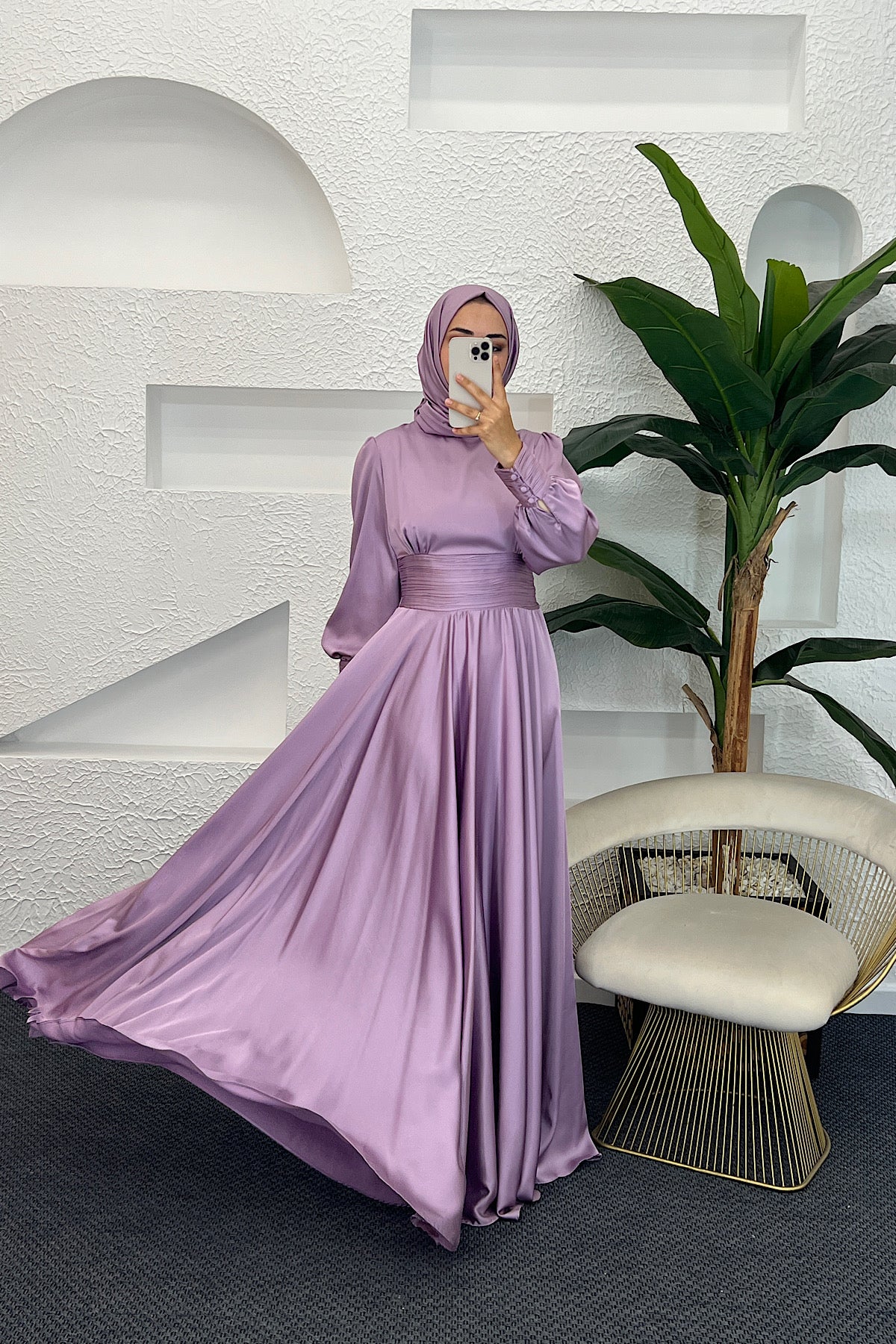 Beli Piliseli Saten Abiye Lila 04340-LILA