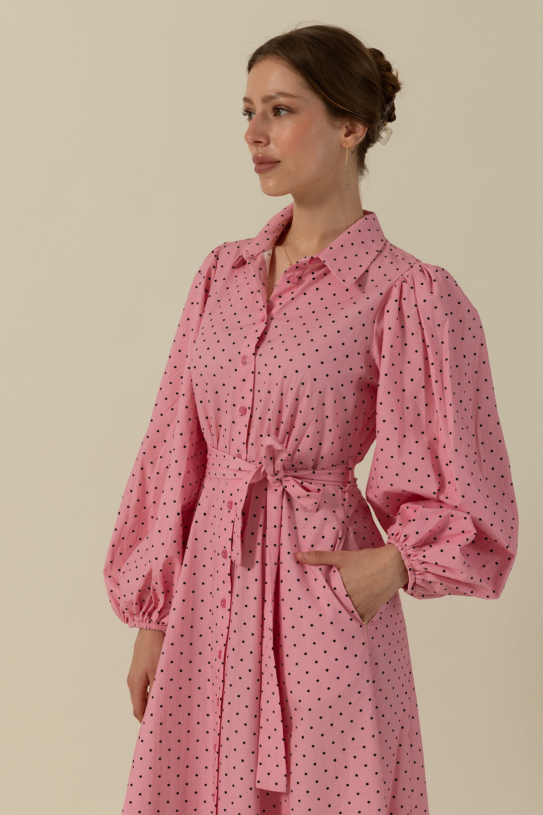 Boydan Düğmeli Puantiye Desen Elbise Pembe 3041-PEMBE