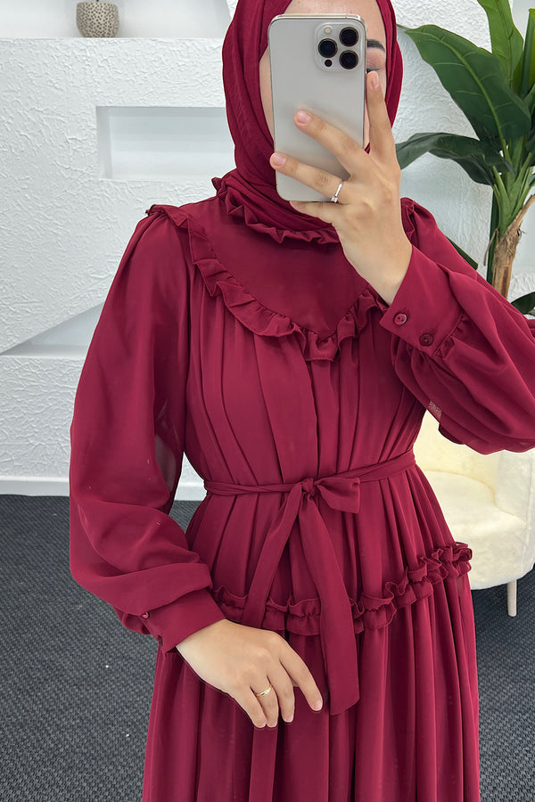 Lowel Fırfır Detay Elbise Bordo 3058-BORDO