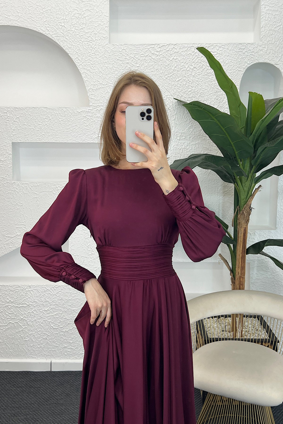 Beli Piliseli Saten Abiye Mürdüm 04340-MURDUM