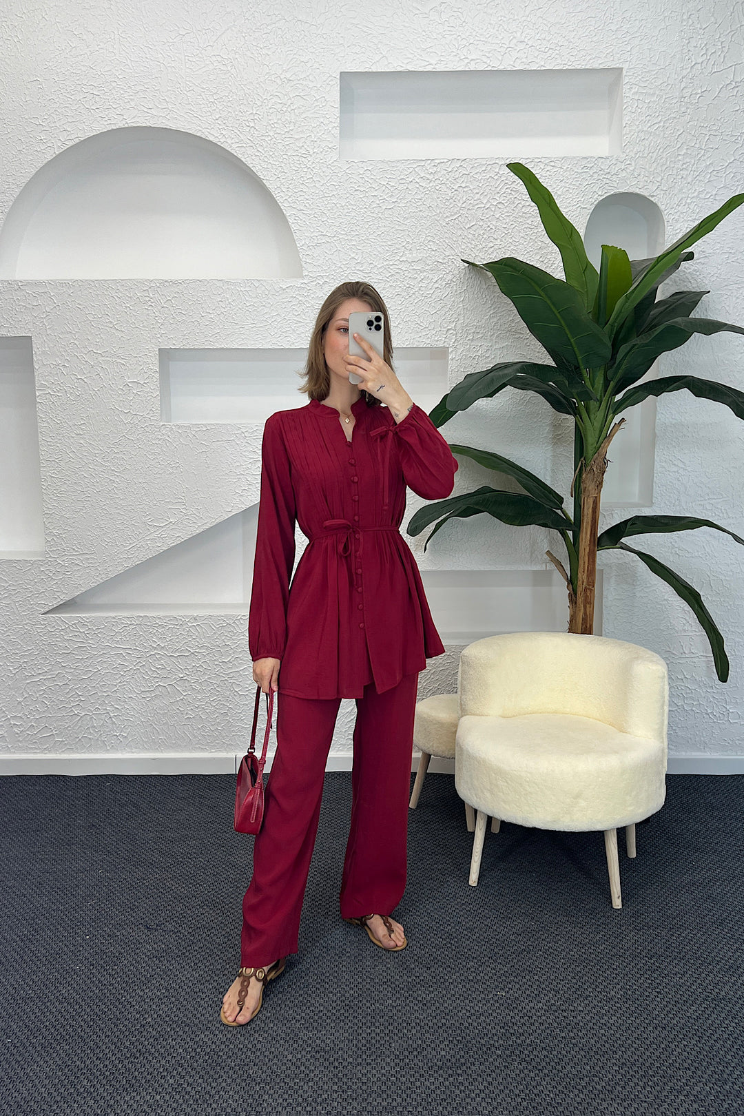 Kolları Bağcık Detay Önden Düğmeli Takım Bordo 1944-BORDO