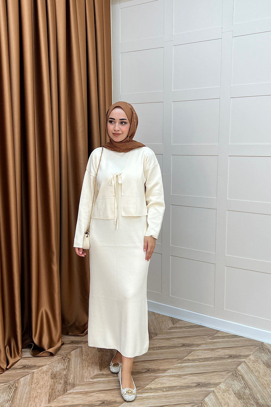 Ester Croplu İkili Triko Elbise Krem 25160-KREM