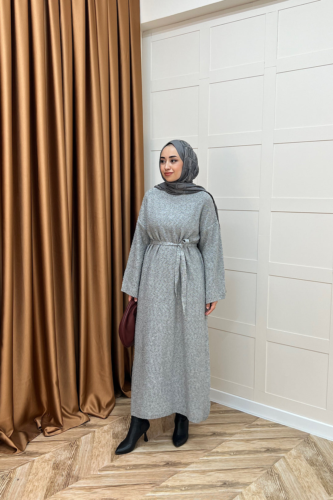 Yumoş Sim Karışımlı Salaş Triko Elbise Gri 252500-GRI