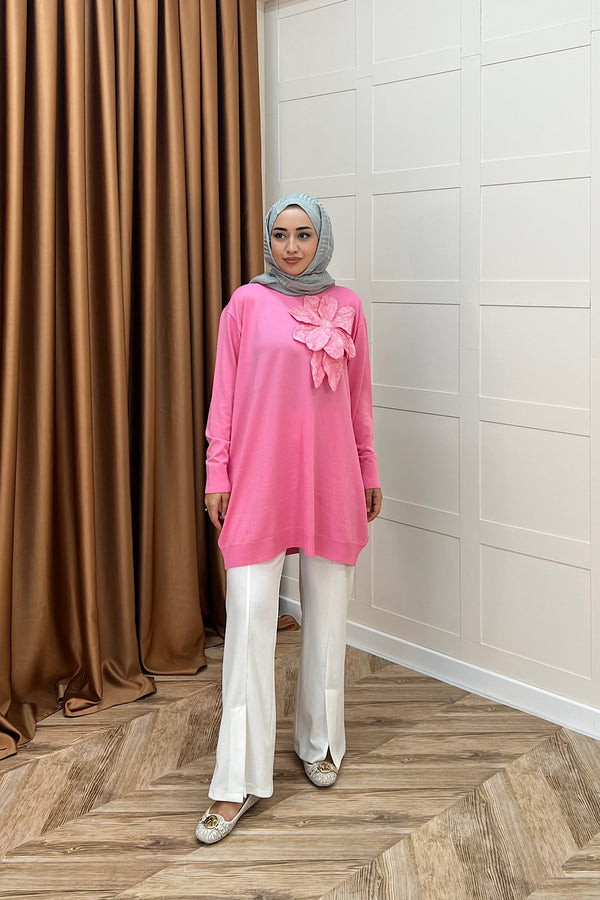 Merserize Çiçekli Triko Tunik Pembe 2550-PEMBE