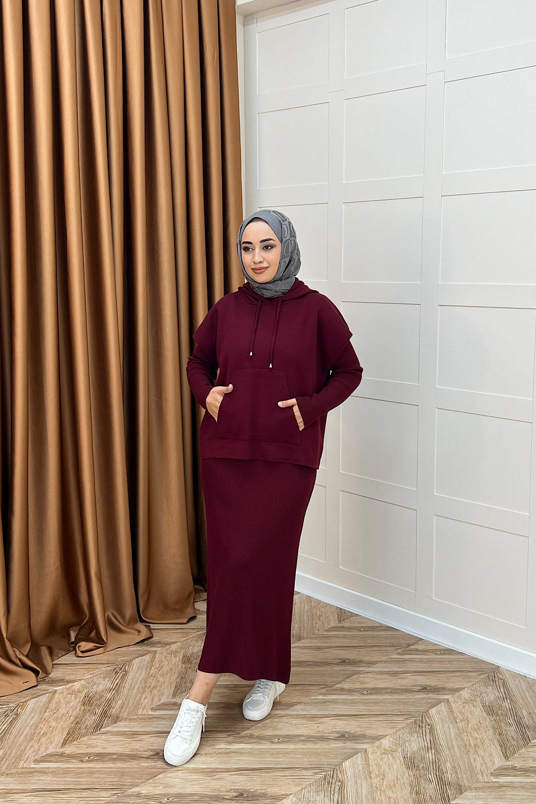 Üst Kapüşonlu İkili Triko Elbise Bordo 25290-BORDO