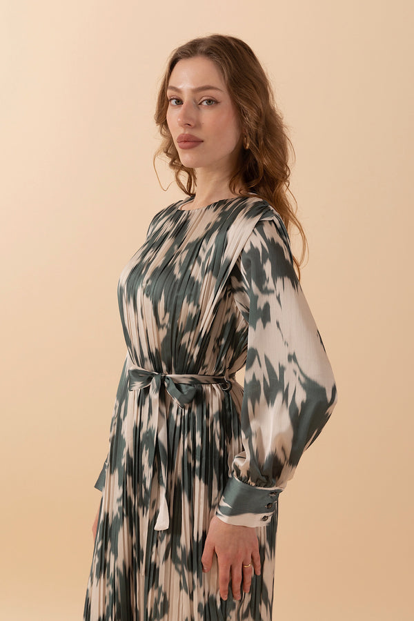 Bella Piliseli Saten Elbise Yeşil 3038-YESIL